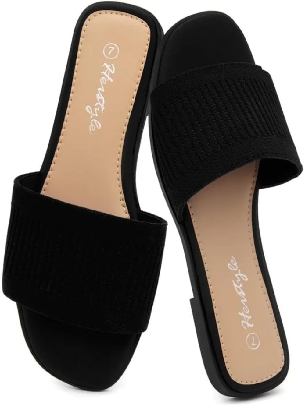 Women's Blackkn Knit Slides Flats Square Open Toe Slip On Dressy Summer Shoes
